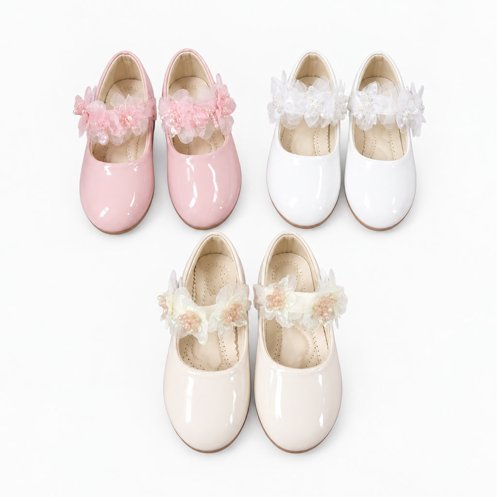 [DLM-2786] Zapato de charol para niña con moño delantero y borde de encaje