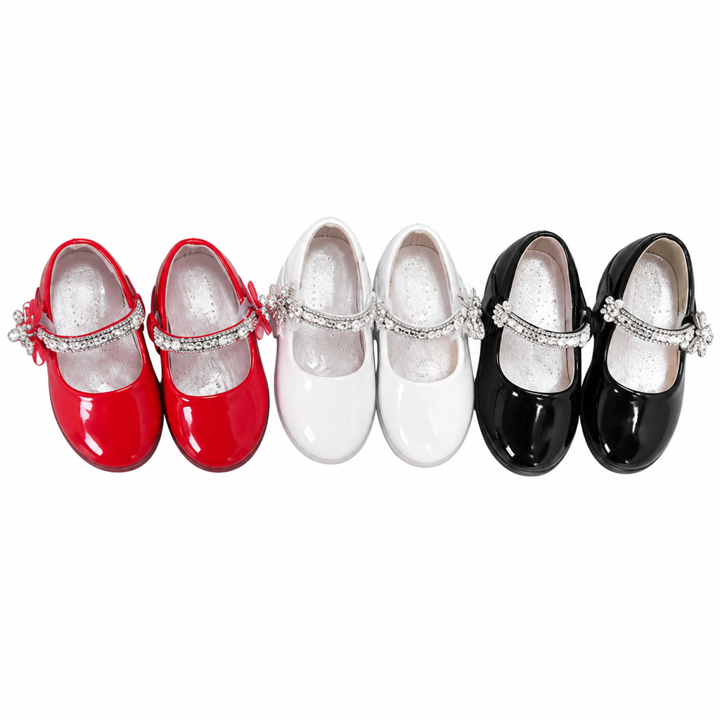 Zapato de charol para niña con pulsera doble y moño brillante