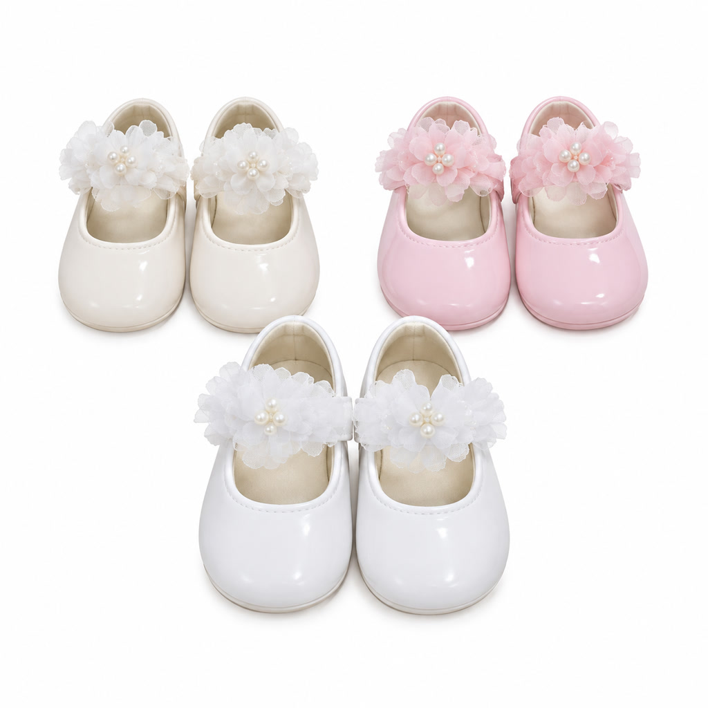 [DLM-3719] Zapato de charol para niña con flor de tul y punta lisa