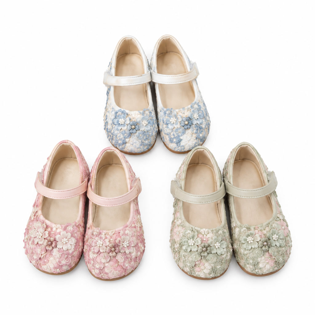 Zapato de charol para niña con flor de tul y pulsera de cuentas