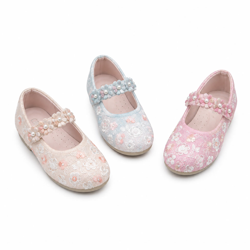 Zapato de charol para niña con dos flores en la punta