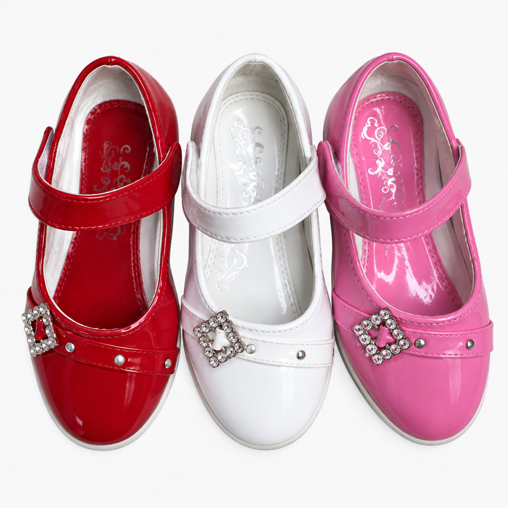 [SL-3-27] Zapato de charol para niña con aplique cuadrado y puntos brillantes
