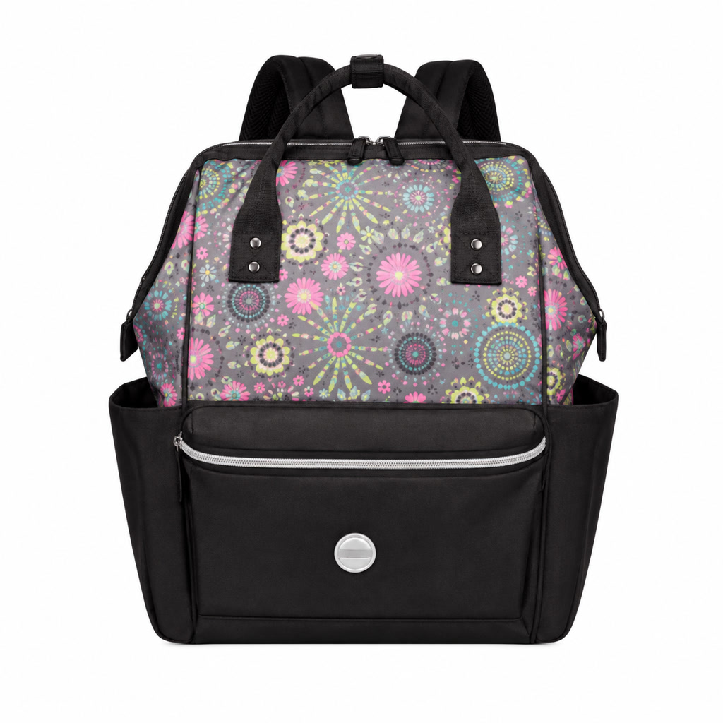 [BP016] Pañalera tipo mochila con flores y bolsillo negro