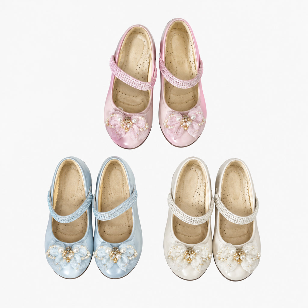 [DLM-5019] Zapato de charol para niña con flor de tul y pulsera de cuentas (26-30)
