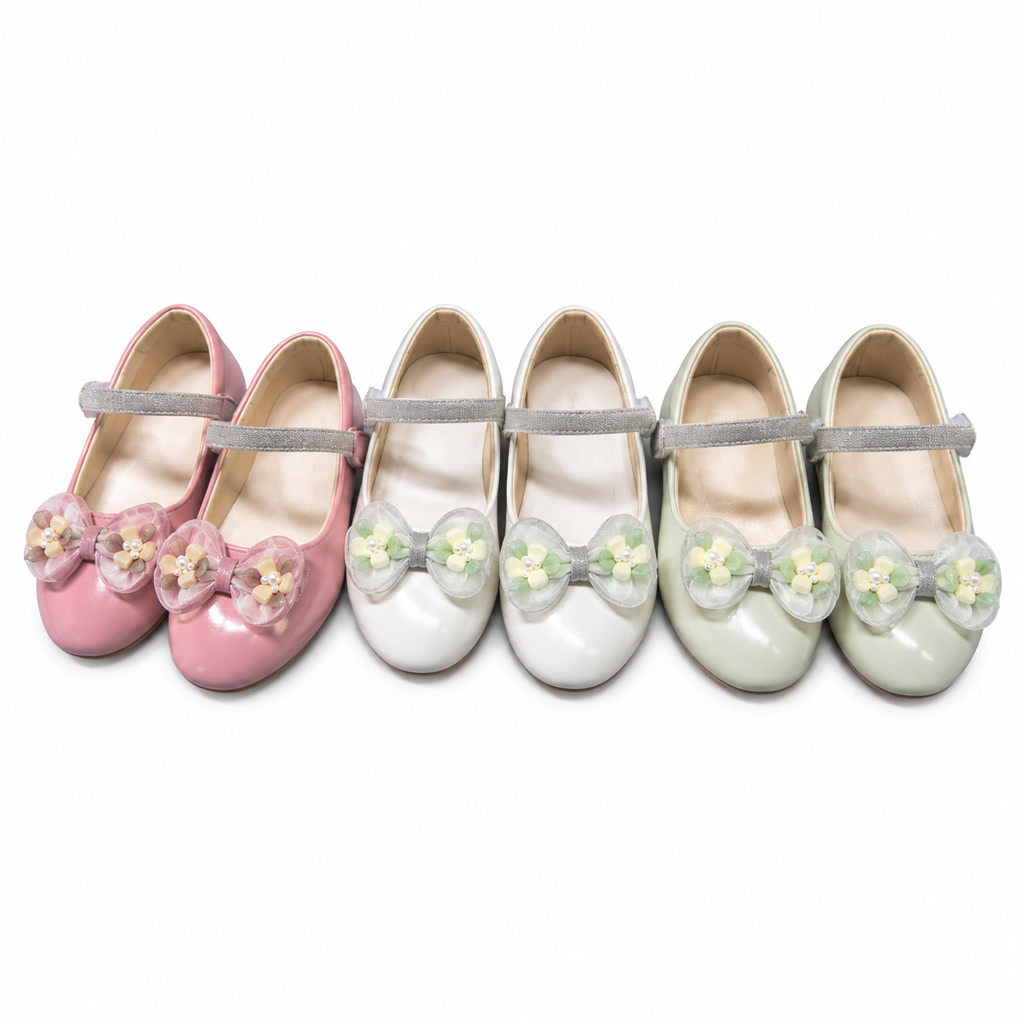 [DLM-3182] Zapato de charol para niña con moño de tul y adorno de perlas (26-30)