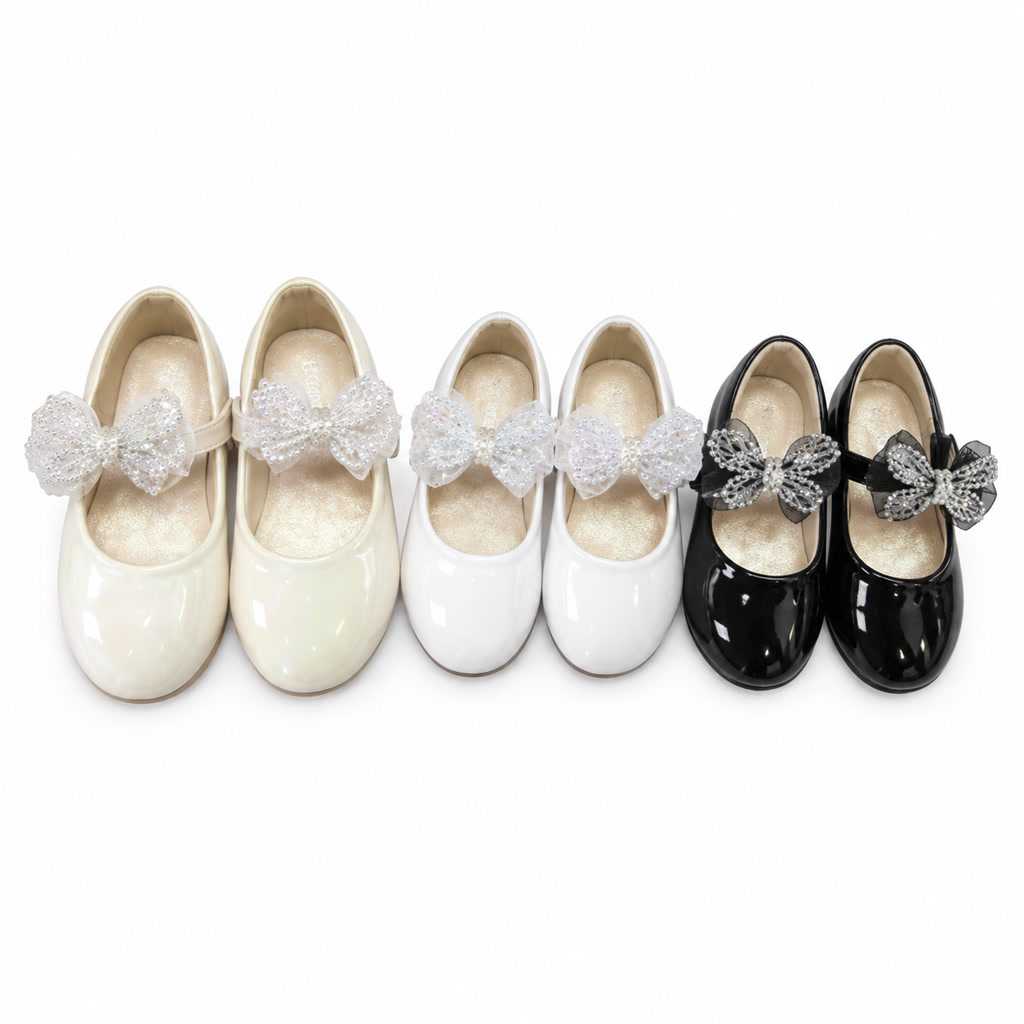 [DLM-3245] Zapato de charol para niña con moño tejido y correa de cuentas (26-30)