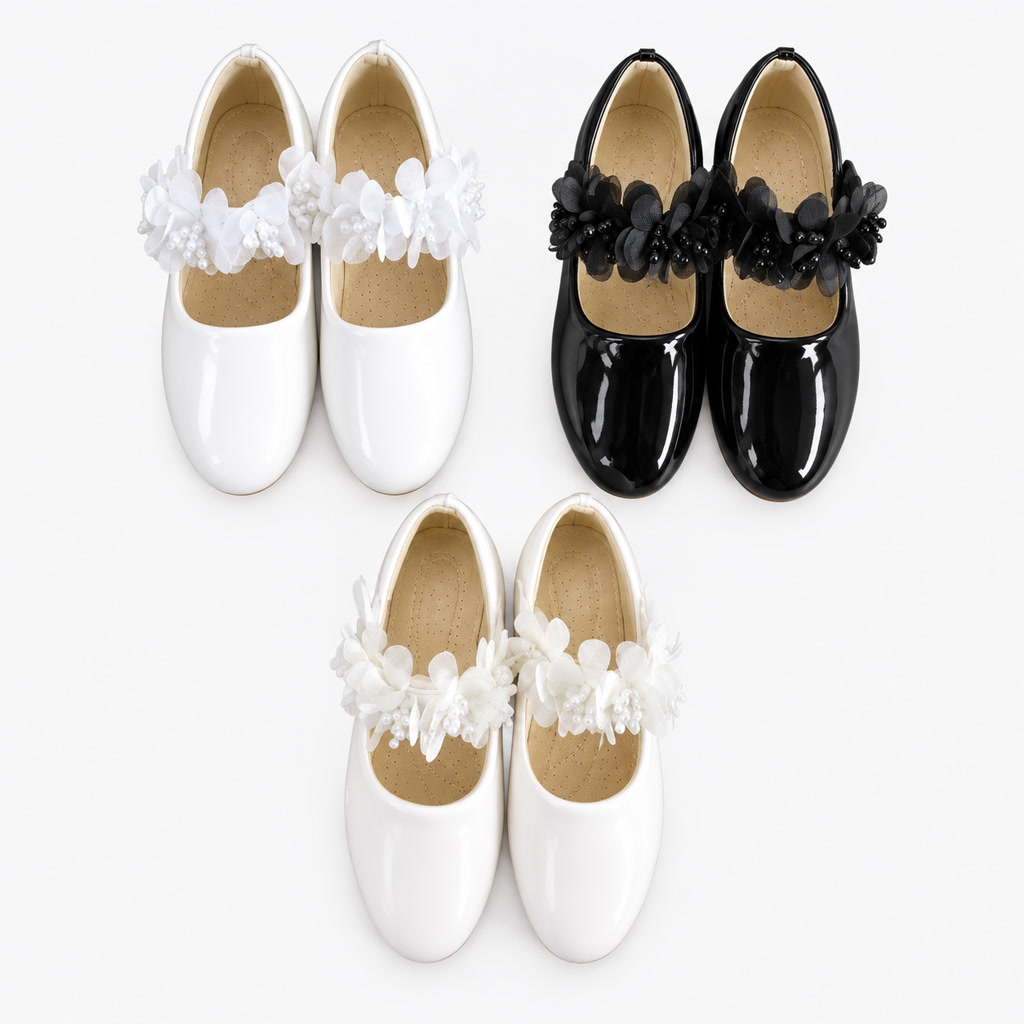 [DLM-2803] Zapato de charol para niña con pulsera de cuentas y flor (21-25)