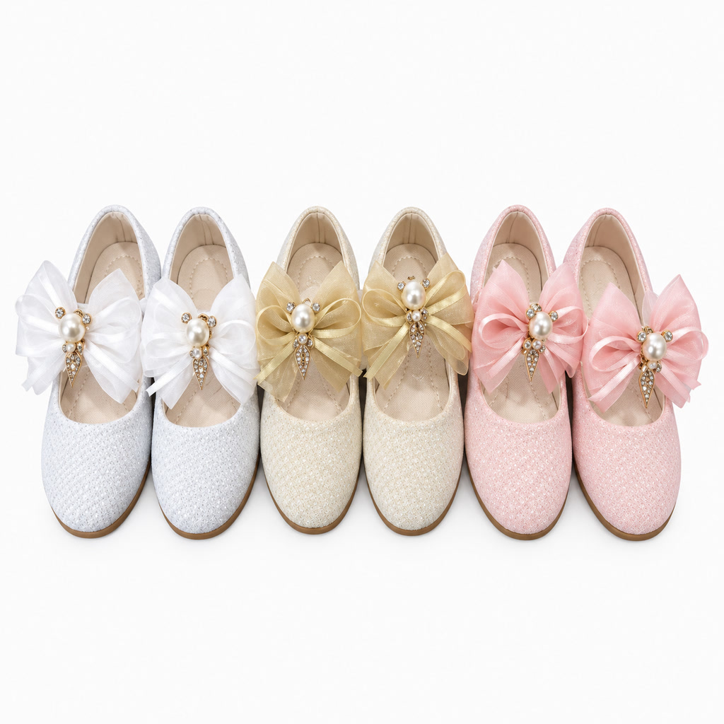 Zapato de charol para niña con moño de tul y correa delgada